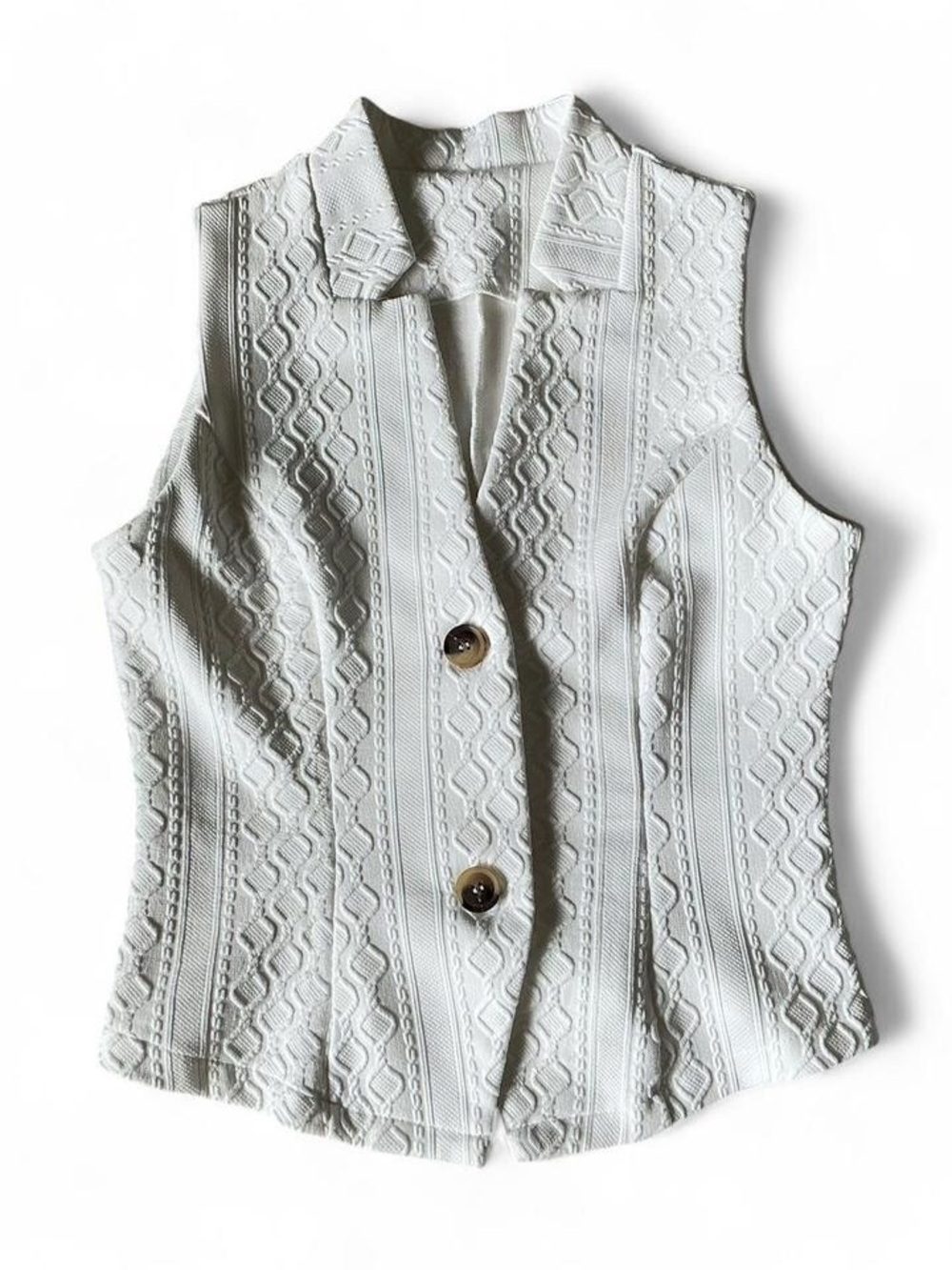 White Textured Sleeveless Button Front Vest